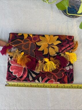 MEXICANA Embroidered Floral Tassel Clutch - Yellow, Pink & Brown